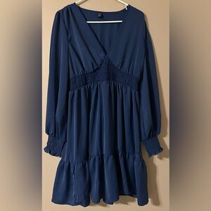 SHEIN size MEDIUM dark blue, long sleeved, V-neck ruched cuffs & waistband dress
